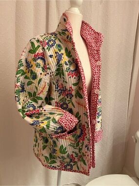 Reversible Quilted Floral Utility Jacket with Pink Trim